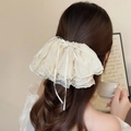 Elegante fermaglio per capelli in organza plissettata bianco crema con perle e fiocco - Bianco Sporco / Clip a molla