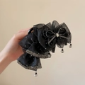 Elegante pinza per capelli grande con fiocco in rete nera, strass e pendenti in cristallo - Pinza 13cm