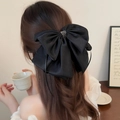 Elegante grande fermaglio per capelli a fiocco in raso nero con strass e nastri lunghi - Clip per Coda di Cavallo Nera