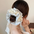 French style layered blue striped fabric and white lace ruffle hair scrunchie for women - Blue Stripe