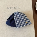 Denim heart-print triangle hair clip in navy blue patchwork with gold logo plate - Navy Blue Plaid