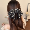 Pinza per capelli vintage floreale con nastri di raso nero e ciondolo di perle - Stampa Nastro Nero