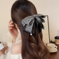 Elegante molletta per capelli con fiocco in rete a pois grigi e perle da donna - Grigio Pois