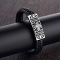 Men's woven black leather bracelet with vintage steel cross engraved metal charm - Vintage Cross Flower Metal Decor Style (A-30)