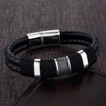 Men's woven leather bracelet featuring double-strand black cords and magnetic steel clasp - Dotted Texture Cylinder Decor Style (A-06)