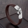 Donkerbruine gevlochten leren herenarmband met zilverkleurige slangenkopsluiting - Bruin / 22cm