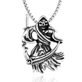 Detailed view of Gothic Grim Reaper pendant with box chain in vintage steel finish - Steel Color (Pendant Only, Without Chain)