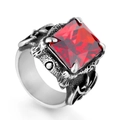 Retro Viking stainless steel ring featuring a large square red stone and dragon claw grip - Size 7 / Steel Red Zirconia