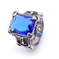 Detailed close-up of vintage men's steel ring with large blue zircon and engraved patterns - Size 7 / Steel Blue Zirconia