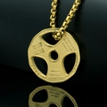 Golden stainless steel fitness dumbbell pendant necklace with motivational quotes on black surface - Gold With Box Chain