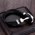 Bracciale da uomo in pelle nera intrecciata con fibbia ad ancora in argento - Color Acciaio