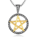 Hip hop hexagram necklace with silver round frame and gold star pendant in 3D - Two-tone Pendant Only (Without Chain) (WD-068)