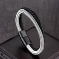Men's double-wrap braided leather and silver mesh bracelet with black magnetic clasp - Black and Silver Double Layer Style (A-20)