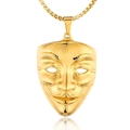 Golden Guy Fawkes mask pendant necklace in polished stainless steel for fitness style - With Square Pearl Chain / Gold Style (3028)