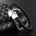 Men's double strand bracelet with black braided leather and silver stainless steel chain - Heavy Chain Leather Splicing Style (A-39)