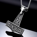 Silver Mjolnir pendant with intricate Celtic knots and ram head on a long box chain - Steel Color Pendant (Without Chain)