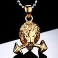 Men's gym lion head pendant with gold dumbbells and silver beaded metal chain - Gold Pendant Only (Without Chain)