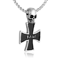 Gothic punk skull pendant necklace in silver stainless steel featuring a Patriot cross charm - Pendant Only (Without Chain) / Steel