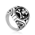Macro detail of gothic skull and crossbones design with flame patterns on titanium ring - US 7 / Steel