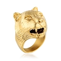 Polished gold leopard head ring in stainless steel with detailed roaring big cat design - US 7 / Gold