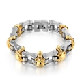 Pulsera de cadena de moto para hombre con calaveras en acero inoxidable pulido - Bicolor Dorado 22cm