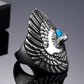 Vintage men's eagle ring in silver-black finish with embedded round turquoise stone - US 7 / Turquoise