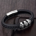 Punk rock men's black braided leather bracelet with three silver skull charms and magnetic clasp - Triple Silver Skull Pendants Style (A-03)