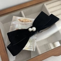 Elegante fermaglio per capelli in velluto nero con fiocco e perle bianche stile retrò - Fiocco in Velluto Nero Con Perle