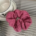 Detailed close-up of a pink plush scrunchie with silver glitter silk and soft texture - Scrunchie / Rose Red