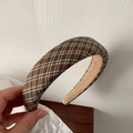 Detail showing thick brown plaid headband with soft quilted texture and non-slip lining - Green Fine Plaid Style
