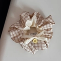 Detail of yellow checkered fabric hair scrunchie with ribbon bow and handmade label - Vitality Beige - Button Knot Scrunchie