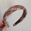 Detail of a handmade pink and brown plaid headband with soft thick sponge texture - Pink Coffee Plaid