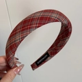 Detail of red plaid headband showing handmade label and premium cotton fabric texture - Red And Gray Plaid