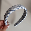 Close-up of blue and white plaid fabric texture on wide padded headband accessory - Blue White Large Plaid Wide Headband