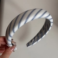 Close-up of padded blue and white diagonal stripe headband for hair volume - Blue White Striped Wide Headband