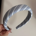 Detail view of plaid fabric headband featuring blue-grey check pattern and anti-slip lining - Dark Blue Plaid Wide Headband