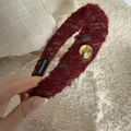 Detail of red tweed hair clip showing handmade label and gold buckle accent - Red Gold Buckle Headband - Striped Tweed