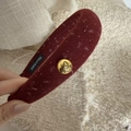 Macro detail of wine red fabric hair clip with golden butterfly button and handmade label - Red Gold Buckle Headband - Small White Bow