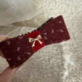 Detail of burgundy flocked hair clip with silver bows and gold metal accent - Red Gold Knot Banana Clip - Small White Bow