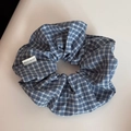 Detail of blue and white checkered scrunchie with a handmade woven label and cotton texture - Blue Series Scrunchie - Dark Blue Plaid