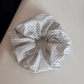 Close-up of a large cotton scrunchie with classic blue and white gingham check pattern - Blue Series Scrunchie - White Plaid