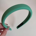 Detail of mint green padded cotton headband with a small woven HAND MADE label tag - Spring Green Narrow Headband-Emerald Green
