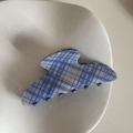 Dettaglio della molletta a scacchi blu e bianchi con bordi ondulati su piatto ceramico - Serie Quadri Blu - Pinza a Ventaglio Grande