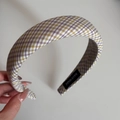 Detail shot of a handmade lavender plaid fabric hairband with a premium woven texture - Purple Rice Grid Headband