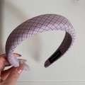 Detail of handmade purple gingham fabric headband with woven brand label on white background - Light Purple Plaid Headband