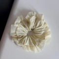 Detail of cream lace mesh scrunchie with black polka dots and multi-layer ruffled design - Sweet Yellow - Lace Edge Tie