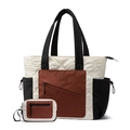 Ensemble cabas matelassé avec pochette assortie en crème et bordure marron - Cabas et Pochette / 16x12,8x6,2 pouces / Noir Blanc Brun