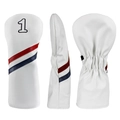 Coprimazza da golf driver in pelle bianca con strisce rosse blu e ricamo numero 1 sportivo - US 1 / Bianco