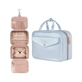 Sky blue portable hanging toiletry bag with four compartments and golden zipper details - Blue