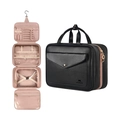 Portable travel toiletry bag in black leather finish with hanging hook and pink interior - Black